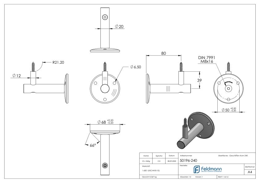 Handlaufhalter zum Anschrauben mit Holzschraube (Ronde und Bügel verschraubt), V2A