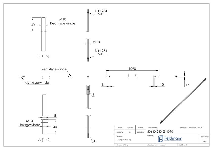 Zugstange zu Vordachsystem mit L: 1,09m, V2A