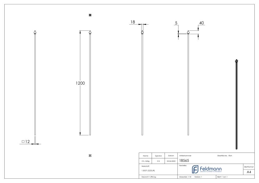 Zaunstab 12x12mm, H: 1200mm, Zierspitze