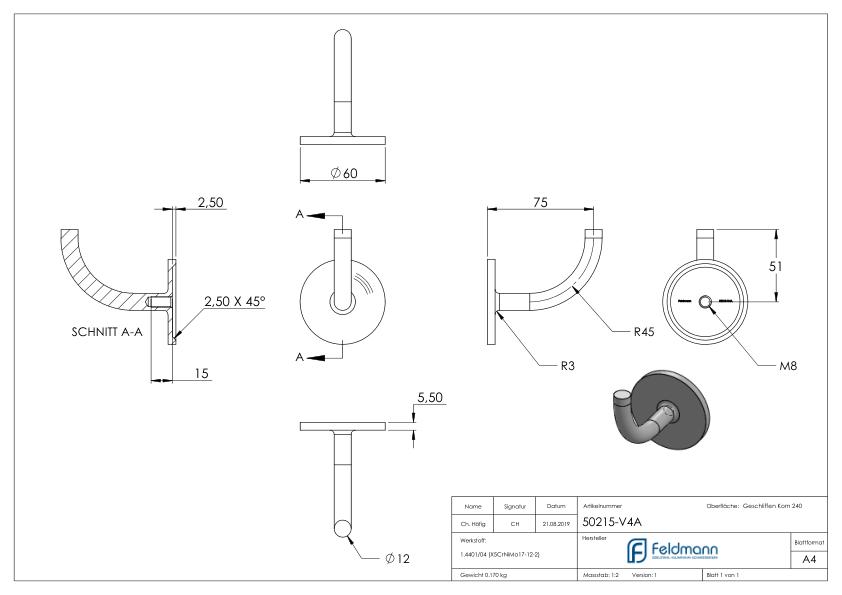 Handlaufhalter zum Anschweißen, (Ronde und Bügel verschweißt), V4A