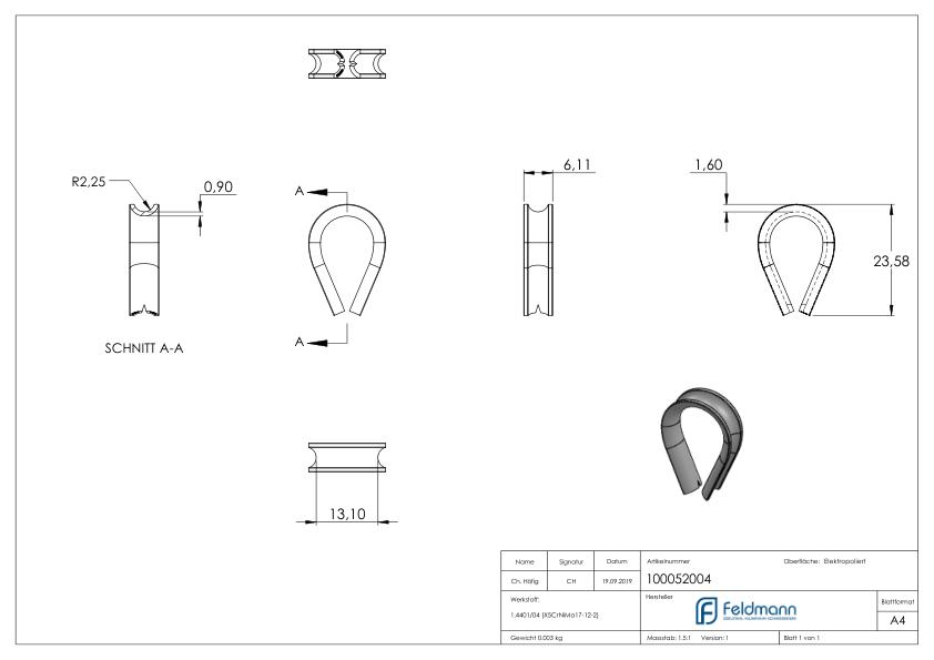 Kausche für Seil 4mm, V4A