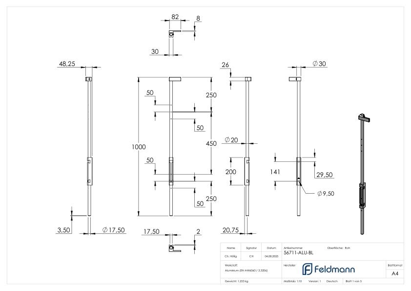 Bodenriegel XL mit Länge 1000mm, zum Anschrauben, blank