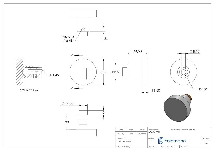 Türknopf, einzeln, Ø 55mm, gerade, V2A