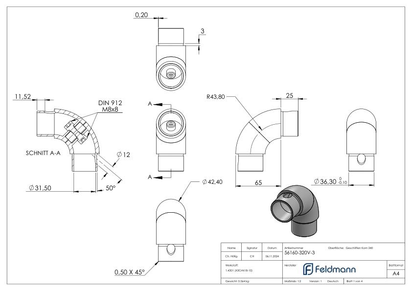 Rohrbogen 90°, verstellbar, für Rohr 42,4x3,0mm, V2A