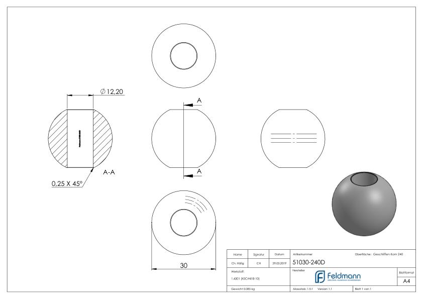Vollkugel Ø 30mm mit Durchgangsbohrung 12,2mm, V2A