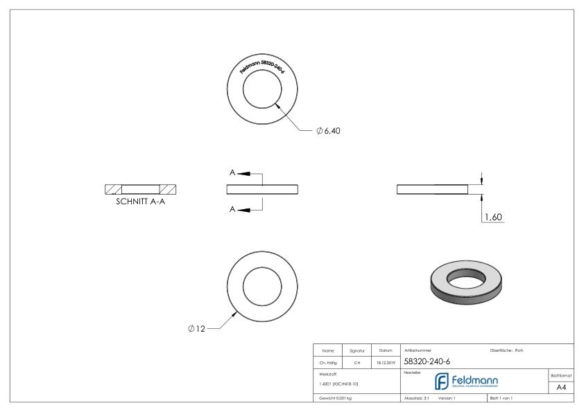 Beilagscheibe für M6 Schrauben, DIN 125-1, V2A