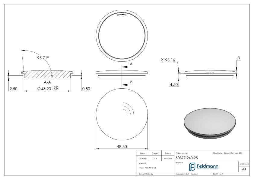 Rohrabschlussstopfen, für Rohr 48,3x2,5mm, V2A