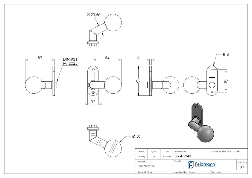 Türknopf, Ø 50mm, mit Langschild, V2A Türknopf, Ø 50mm, mit Langschild, V2A