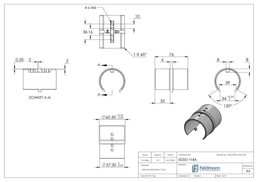 Rohrverbinder für Nutrohr 60,3x1,5mm, V4A