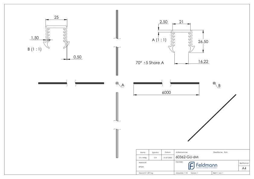 Keildichtung Glas 16,76 – 17,52mm, für Nut 24x24mm, 6m