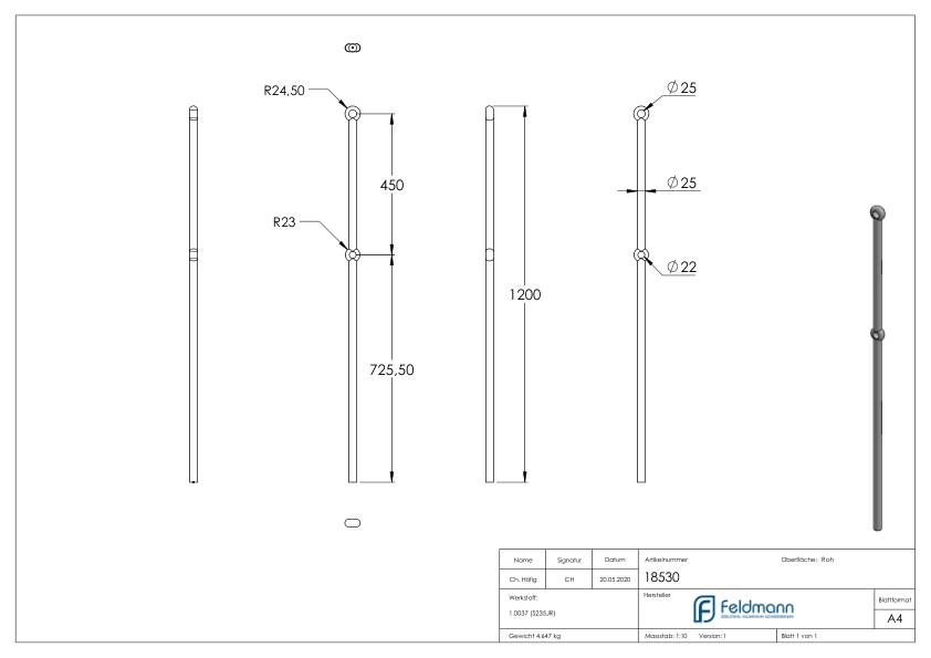 Pfosten aus 25mm rund, H: 1200mm, 2x gelocht