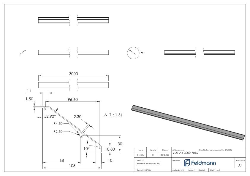 Design-Abdeckung für eleganza canopy, L: 3,000m, RAL 7016