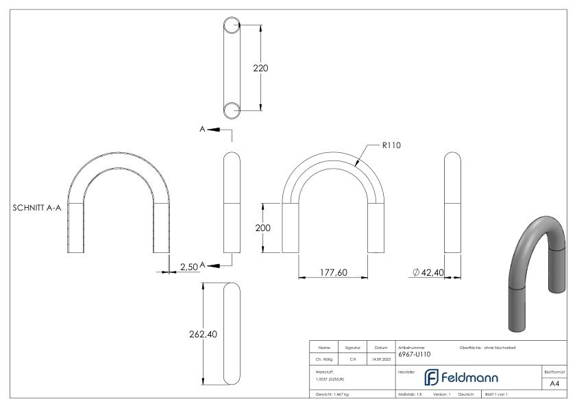 Stahl-Rohr-Bogen 180°, 42,4x2,5mm