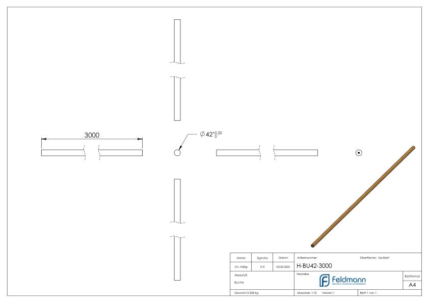 Holzhandlauf Buche, Ø42mm, L: 3000mm