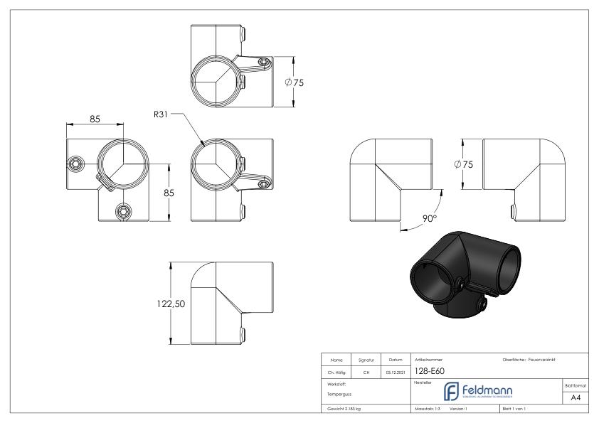 Eckstück, für Rohr Ø 60,3mm