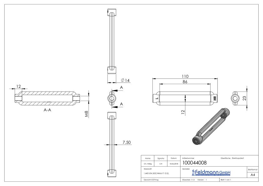 Spannschloss mit Gewinde M8, V4A