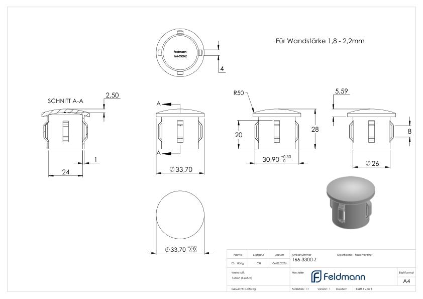 Stahleinschlagkappe, für Rohr 33,7mm, verzinkt