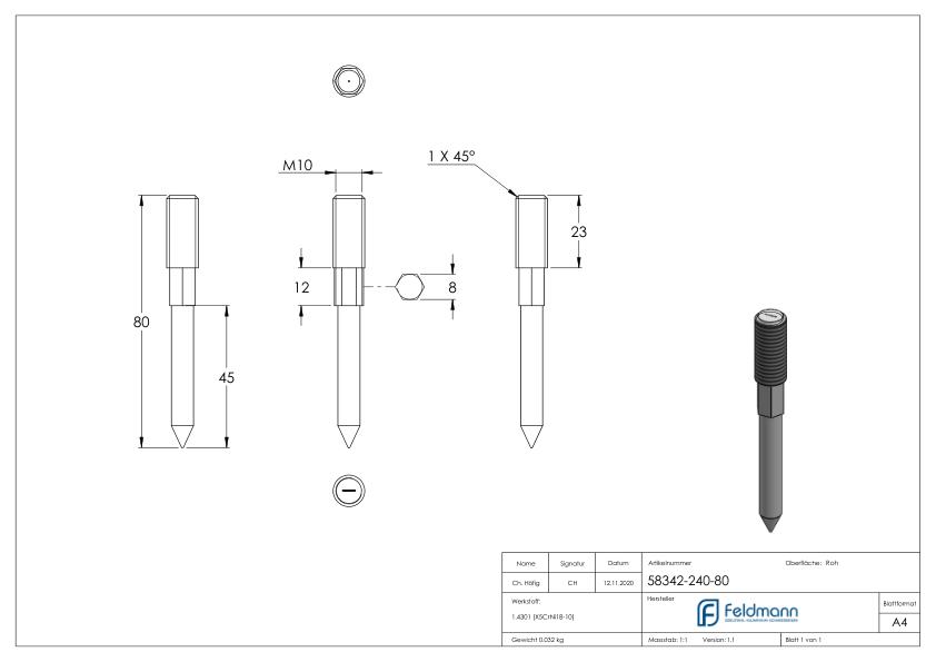 Stockschraube M10x80mm, V2A