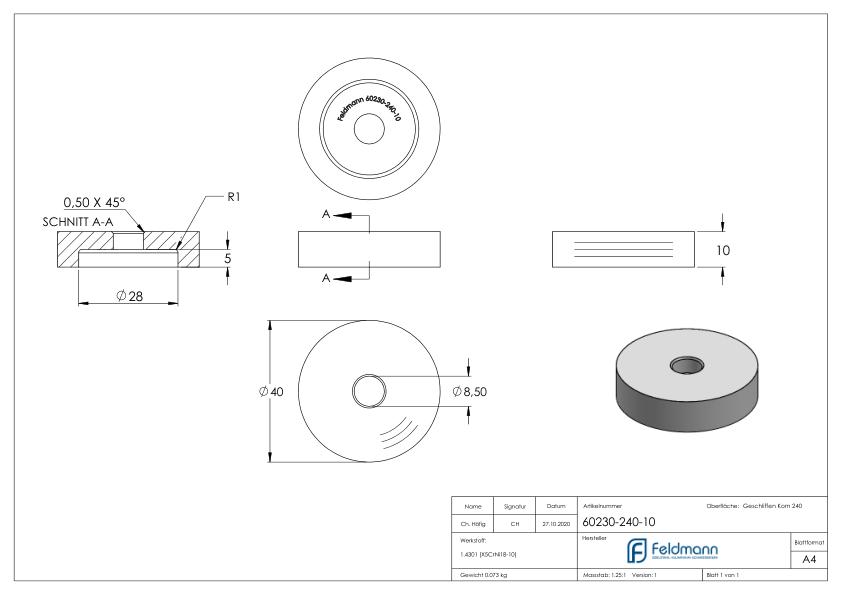 Unterteil Ø 40mm, mit Durchgangsbohrung , t: 10mm, V2A Unterteil Ø 40mm, mit Durchgangsbohrung , t: 10mm, V2A