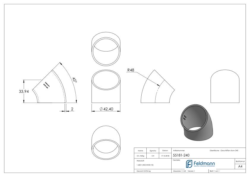 Schweißbogen 45°, 42,4x2,0mm, V2A