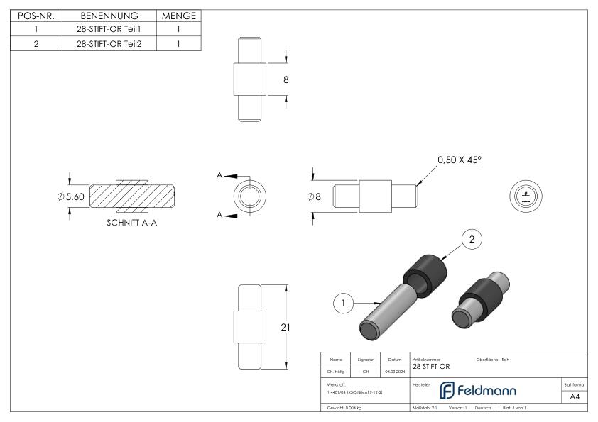 Sicherungsstift für Mod. 28 - ohne Rändel, V4A