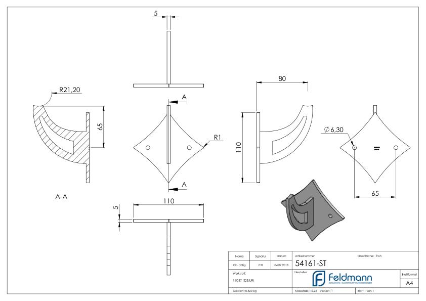 Handlaufträger, Schwert gelasert mit Ronde 110mm, flach