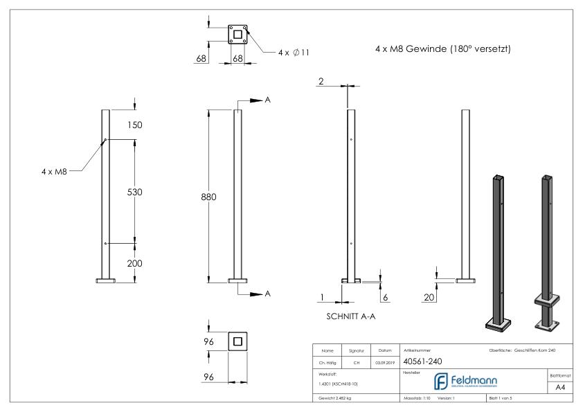 Edelstahlpfosten V2A zur Bodenmontage, H: 880mm