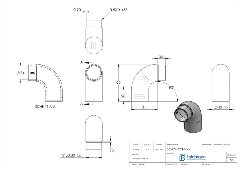 Endbogen 90° Flach Für Rohr 42 4x2 0mm V2a 56202 320 L 92