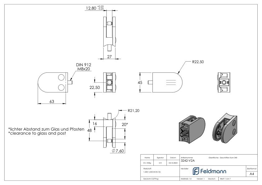 Glasklemme Mod. 32, Anschluss: 42,4mm, V2A Glasklemme Mod. 32, Anschluss: 42,4mm, V2A