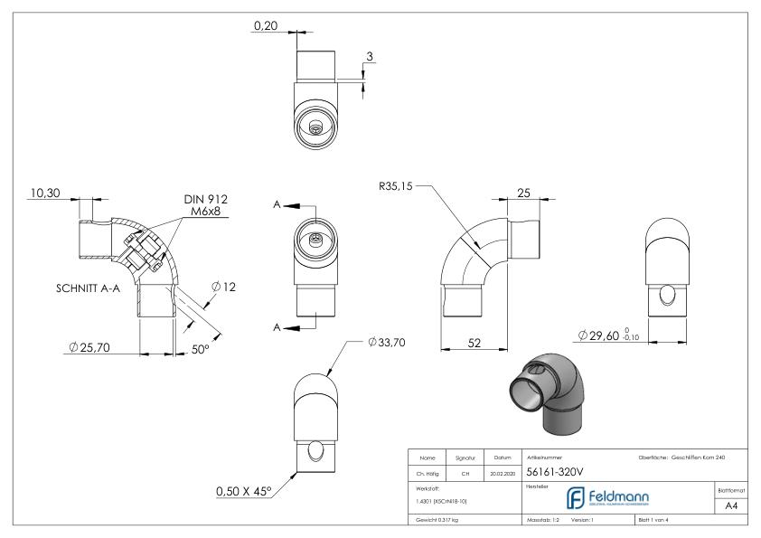 Rohrbogen 90°, verstellbar, für Rohr 33,7x2,0mm, V2A