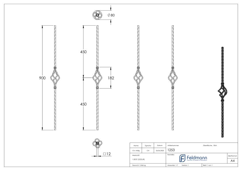 Zierstab 12x12mm, gehämmert, H: 900mm
