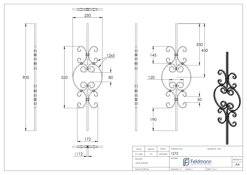 Zierstab 12x12mm, glatt, H: 900mm