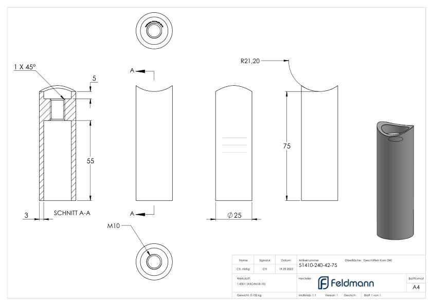 Wandhalter für Rohr 42,4mm, L: 75mm, V2A