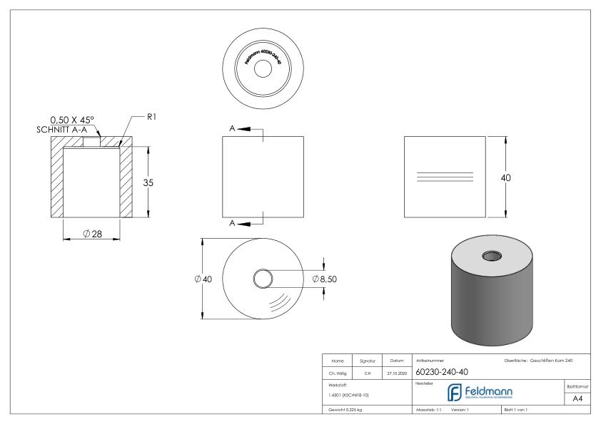 Unterteil Ø 40mm, mit Durchgangsbohrung , t: 40mm, V2A Unterteil Ø 40mm, mit Durchgangsbohrung , t: 40mm, V2A