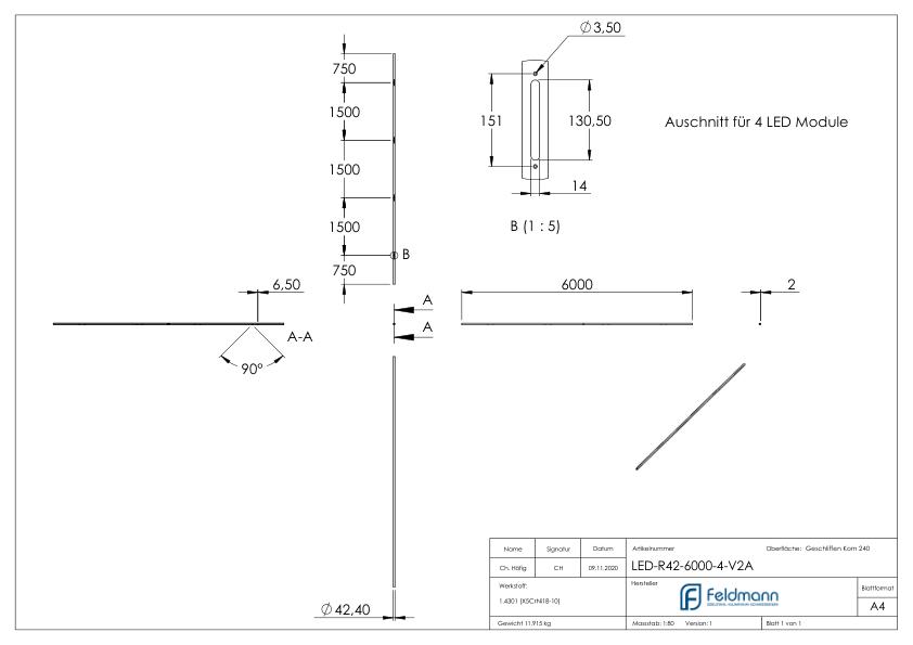 Edelstahlrohr 42,4x2,0mm für LED Module, V2A
