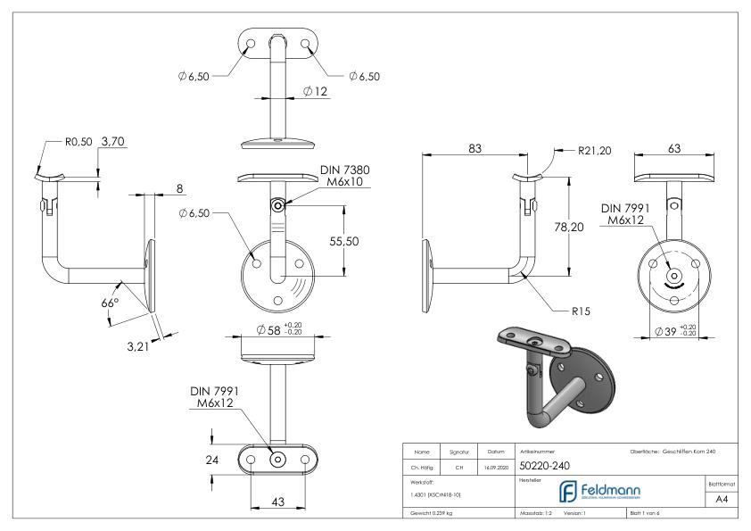 Handlaufhalter mit Gelenk, Handlaufanschlussplatte Rohr 42,4mm (Ronde und Bügel verschraubt), V2A