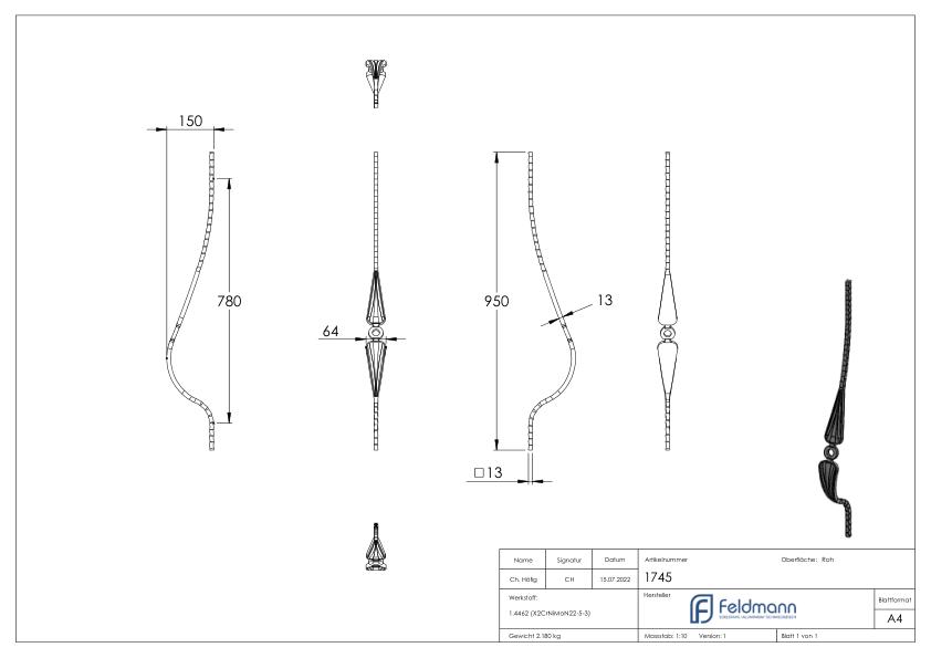 Korbgitterstab 13x13mm, gehämmert, H: 950mm