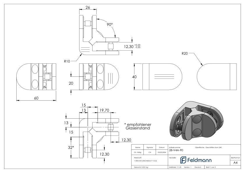 Eckglasklemme 90° Mod. 28, V4A