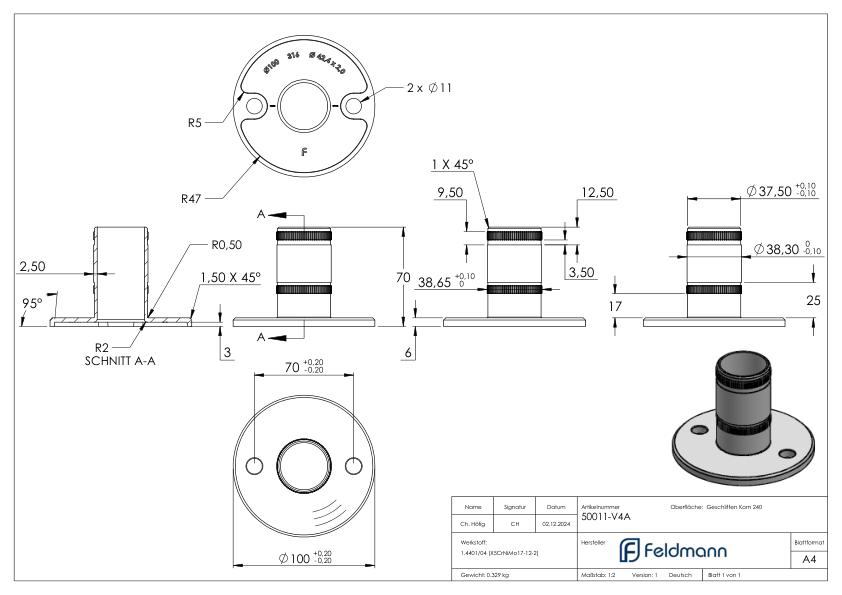 Wand- und Bodenanker mit Rändelung, für Rohr 42,4x2,0mm, V4A