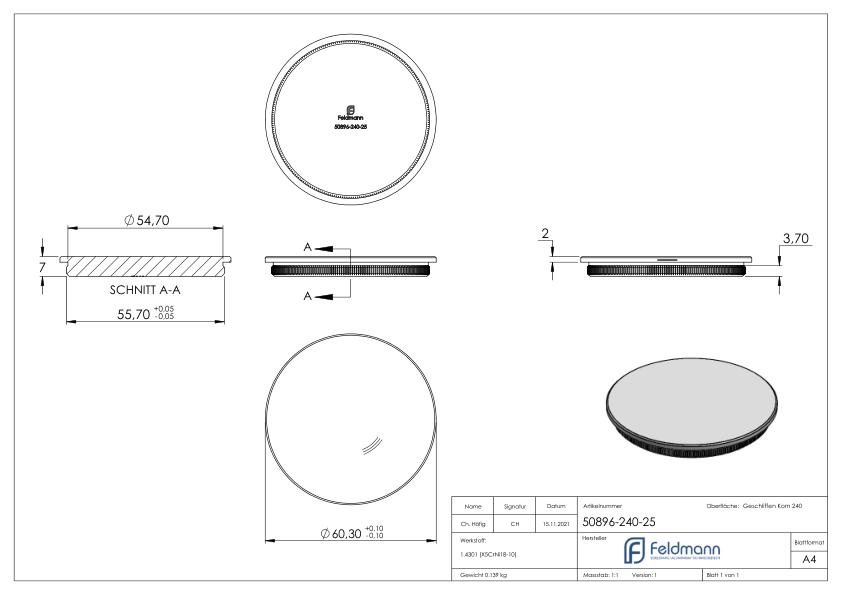 Rohrabschlussstopfen, für Rohr 60,3x2,5mm, V2A