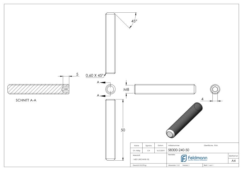 Gewindestift M8x50, V2A, DIN 913 / ISO 4026 Gewindestift M8x50, V2A, DIN 913 / ISO 4026