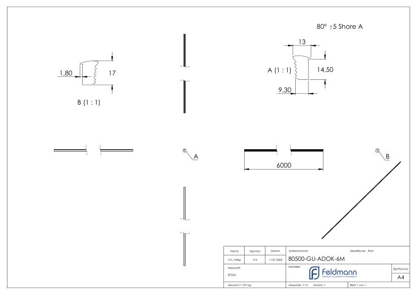 Abschlussdichtung oben, EPDM 80 shore, Länge 6m, schwarz