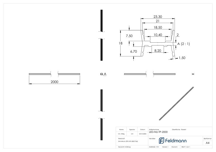 LED-Nutrohr LUNORA®, Aluminium Trägerprofil zum Wenden, für Rund-Nutrohr 42,4mm,  L: 2000mm