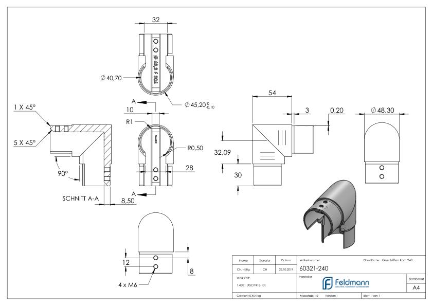 Eckbogen vertikal, für 48,3mm, V2A, Rahmenecke