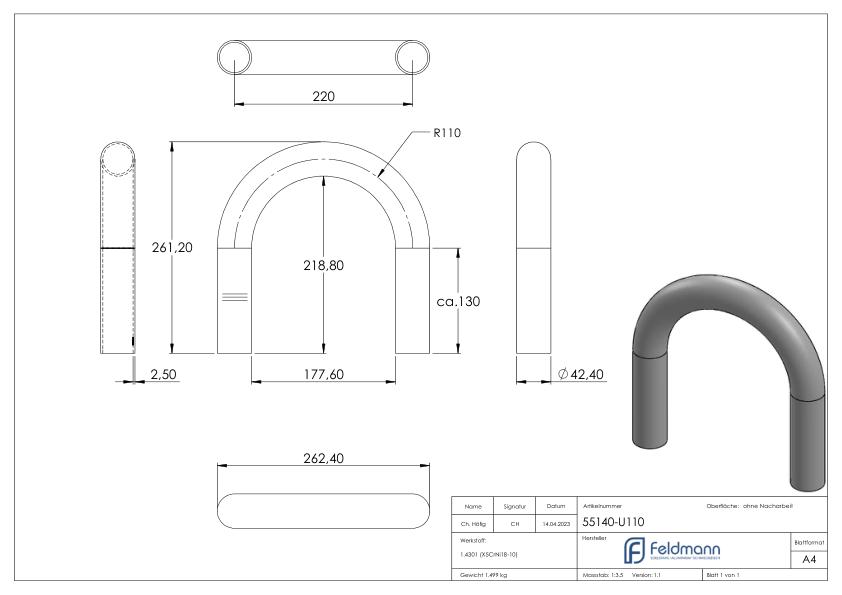 Rohrbogen 180°, aus Rohr 42,4x2,5mm, V2A