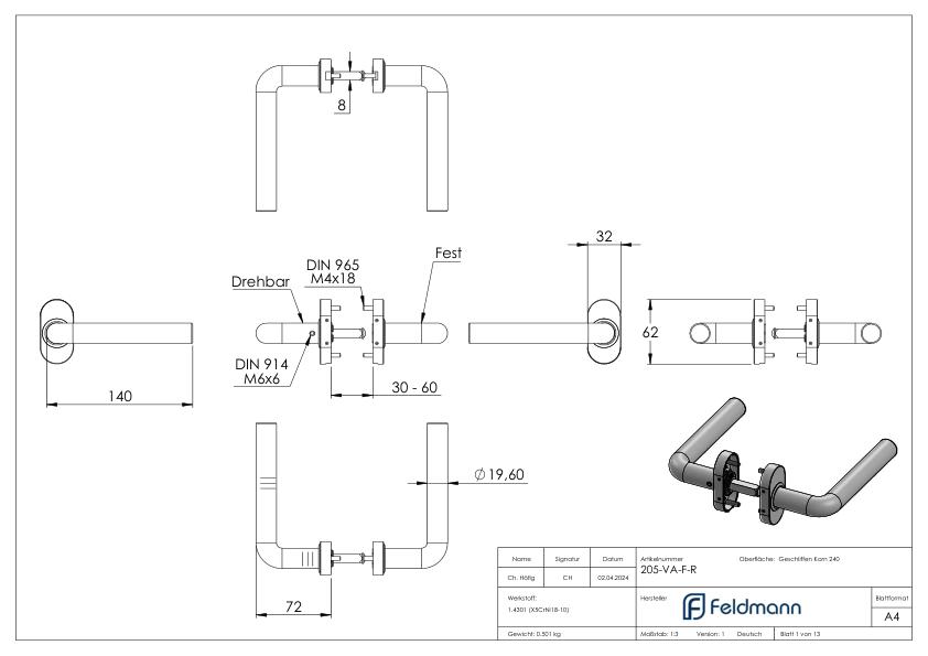Türdrücker-Paar, ein Drücker feststehend, V2A Türdrücker-Paar, ein Drücker feststehend, V2A