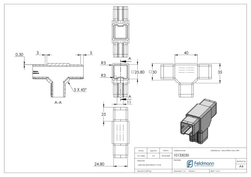T-Verbinder für Rohr 30x30x2,00mm, V4A