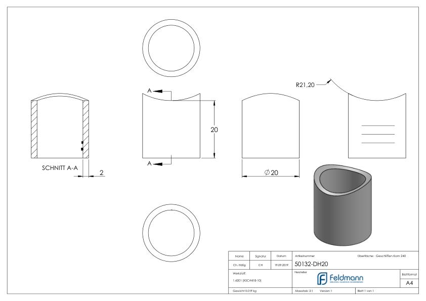 Distanzhülse, L: 20mm, für 42,4mm, V2A