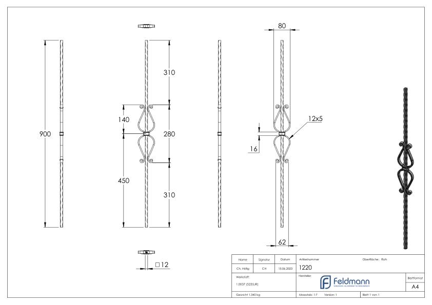 Zierstab 12x12mm, gehämmert, H: 900mm