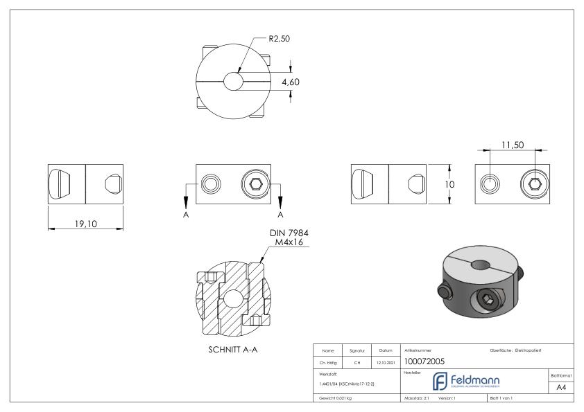 Rundklemme 2-teilig für Seil Ø 5mm, V4A